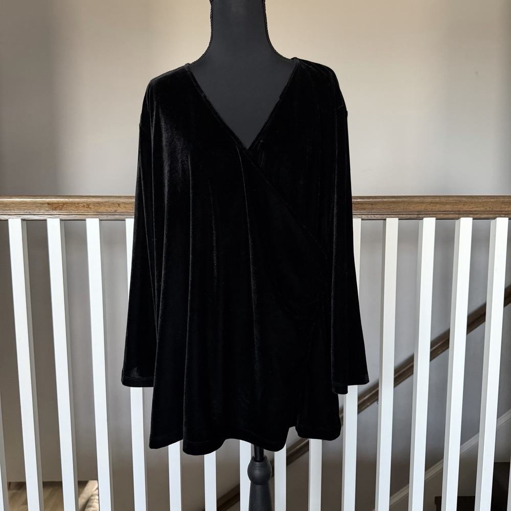 Soft Surroundings Womens 3X Black‎ Velvet Wrap Ruched V Neck Top Blouse Party